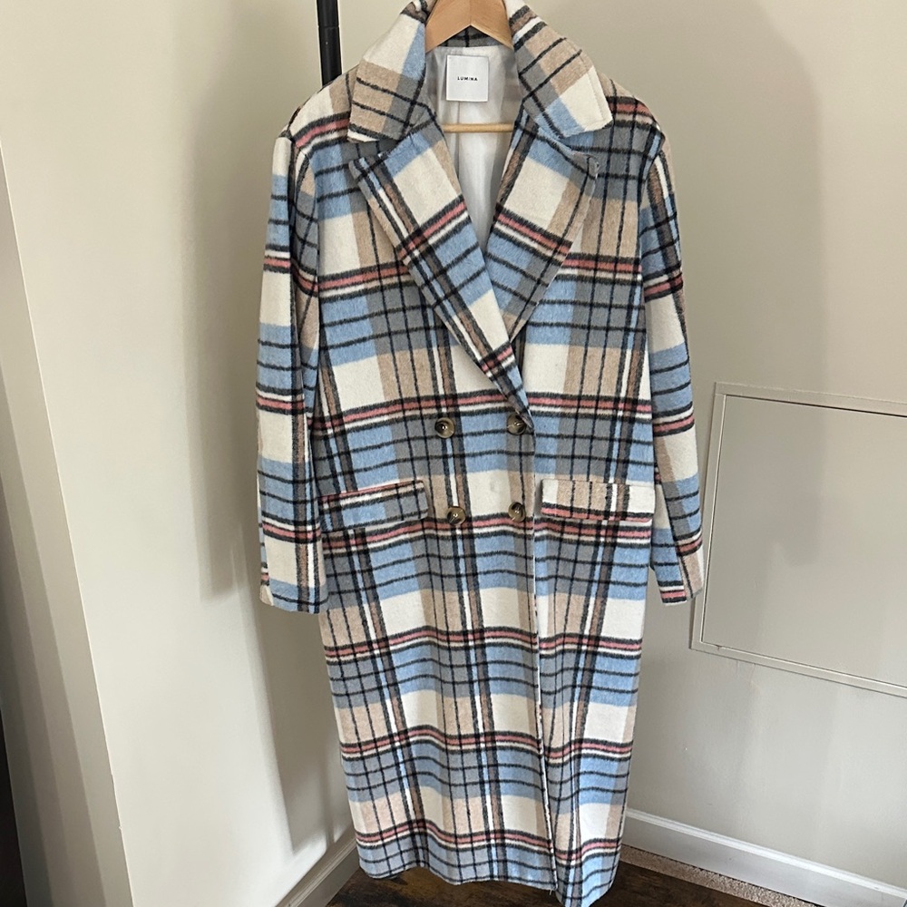 Elegant Blue and Cream Plaid Trench Coat